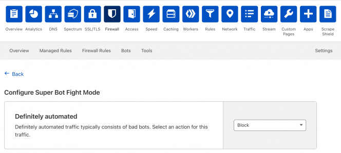 Cloudflare dashboard for Super Bot Fight Mode